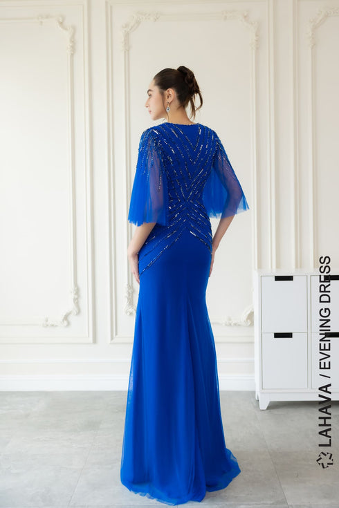 Blue V-neck evening dress with tulle cape sleeves